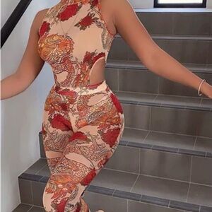 Fashion Nova Red and Cream Paisley Jumpsuit